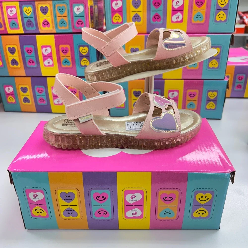 Pampili FeetCare Pink Iridescent Heart Sandals Glitter Sole Kids Size 13 US